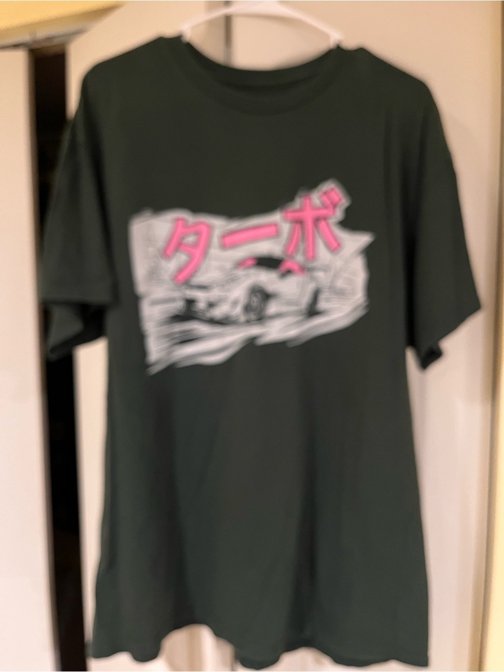 Men's Dark Green Short-Sleeve Graphic Tee with Pink Script